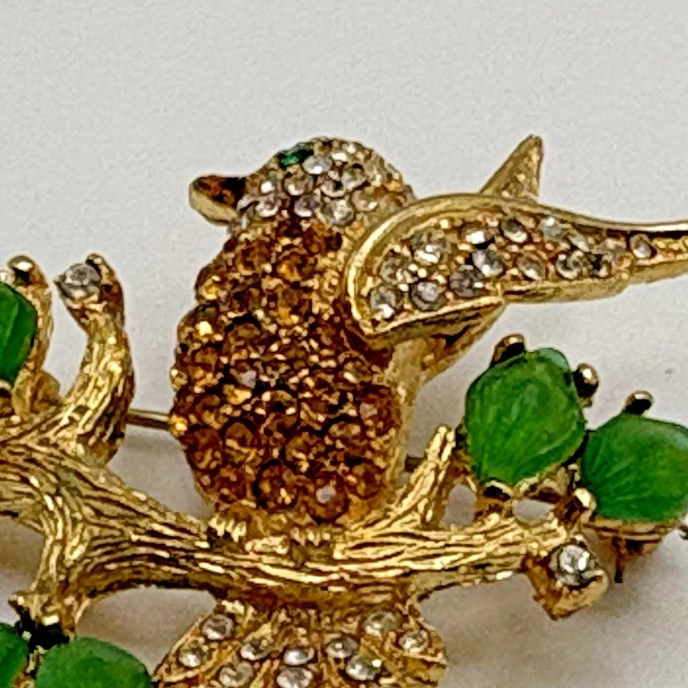 Vintage Hummingbird Brooch Rhinestone Lucite Yellow Green